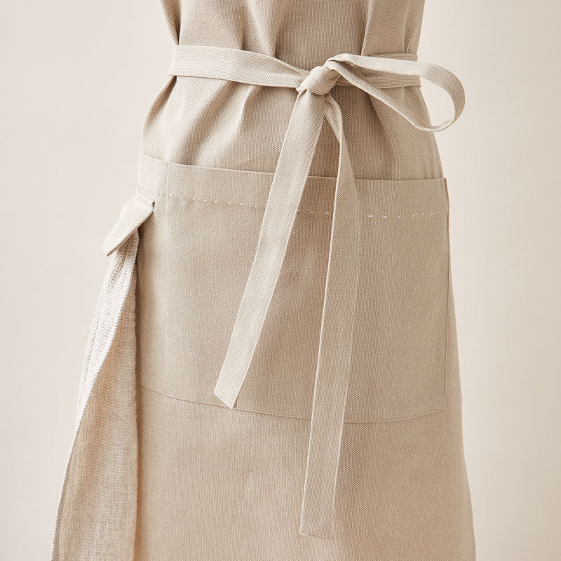 Cotton Apron in Oat Color with Handmade Decorative Stitching