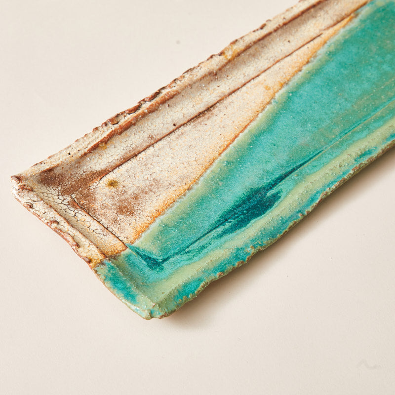 Handmade Ceramic Plate Glazed into Oat and Turquoise color