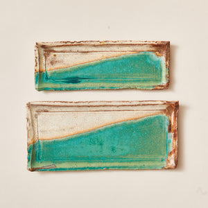 Handmade Ceramic Plate Glazed into Oat and Turquoise color