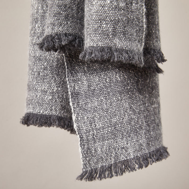 Soft Italian Cashmere Stole/Throw Blanket Hand-Frayed Edging in Grey Tweed