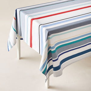 Striped Cotton Tablecloth in White and Aquamarine color scheme - (more color options)