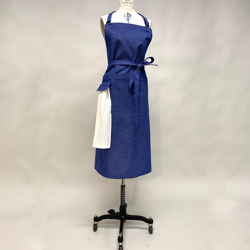 Cotton Apron in Dark Blue Color with Handmade Decorative Stitching