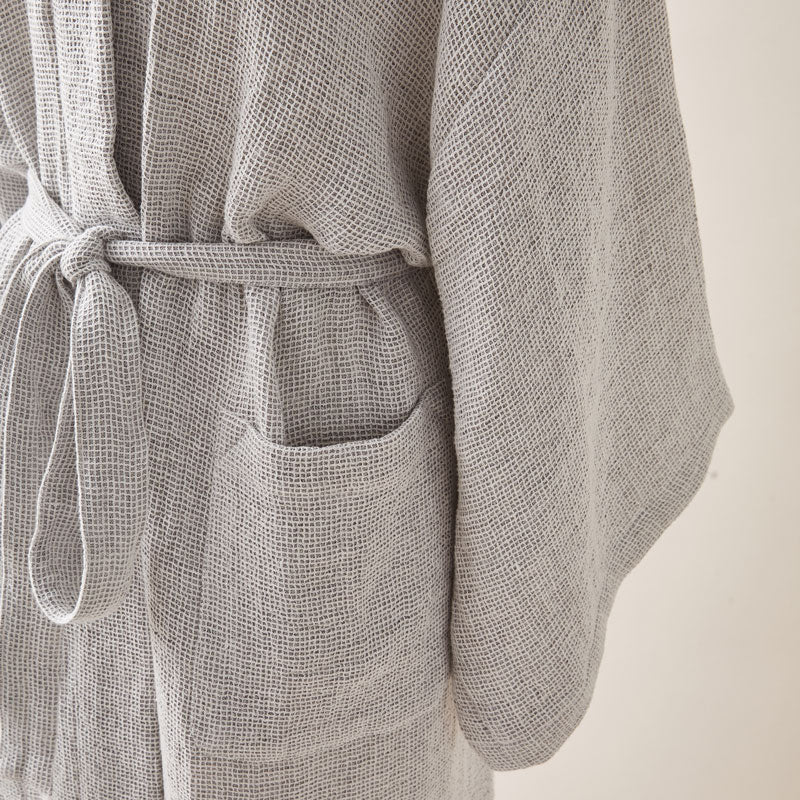 Luxuriously Woven Honeycomb Linen Bathrobe in Stone Color