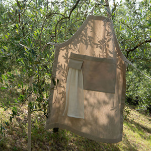 Cotton Apron in Oat Color with Handmade Decorative Stitching