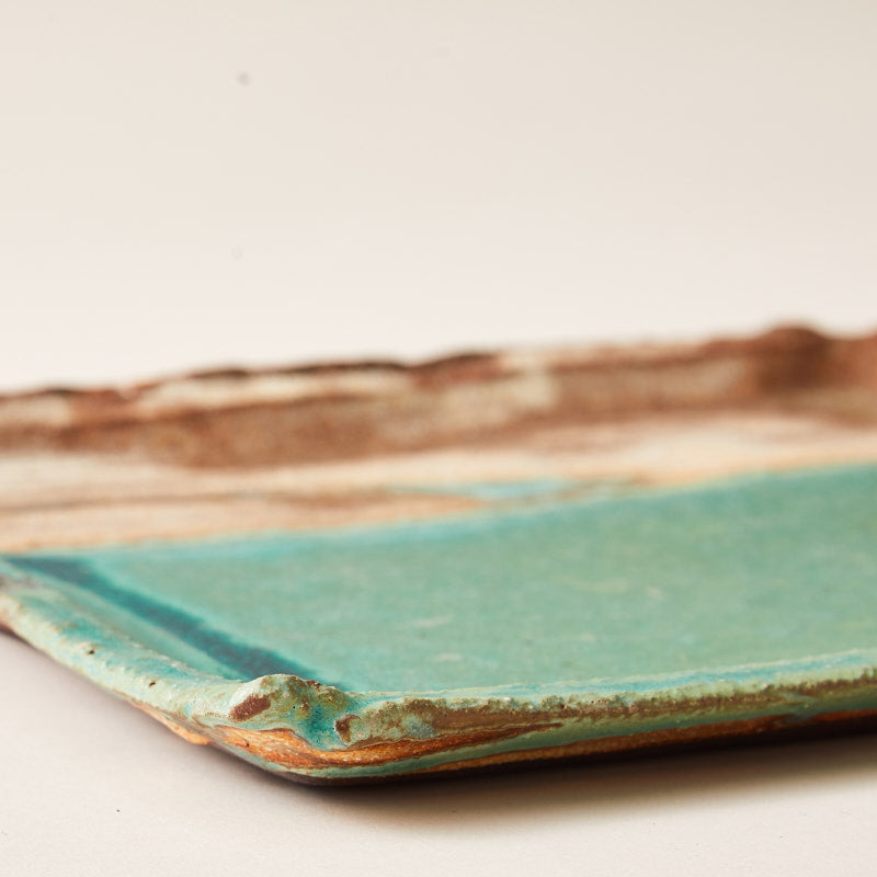 Handmade Ceramic Squared Plate Glazed into Oat and Turquoise color
