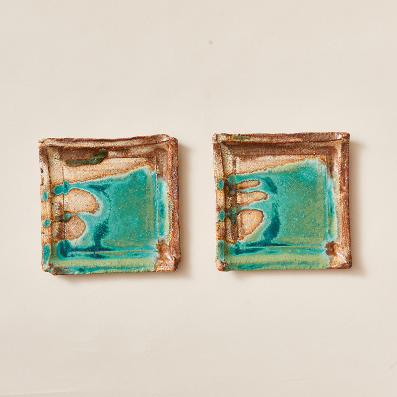 Handmade Ceramic Squared Plate Glazed into Oat and Turquoise color