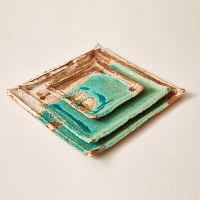 Handmade Ceramic Squared Plate Glazed into Oat and Turquoise color