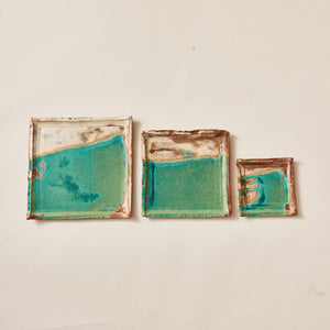 Handmade Ceramic Squared Plate Glazed into Oat and Turquoise color