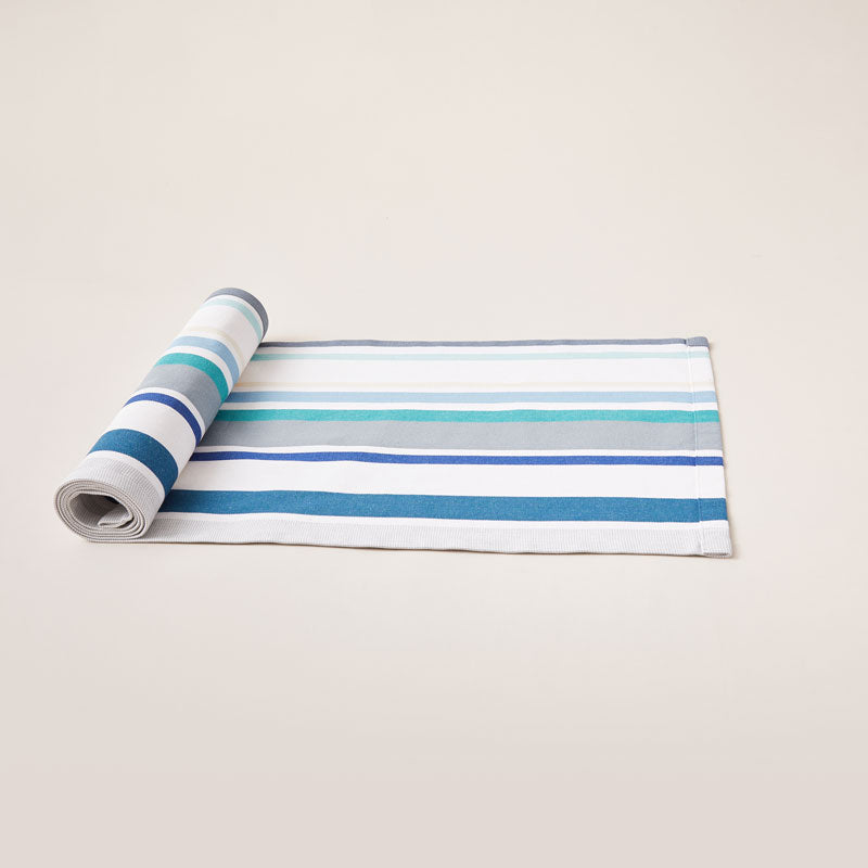Striped Cotton Runner in White and Aquamarine color scheme