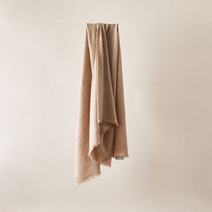 Soft Italian Cashmere Stole/Throw Blanket finished with Hand-Frayed Edging in the color of Pale Coffe