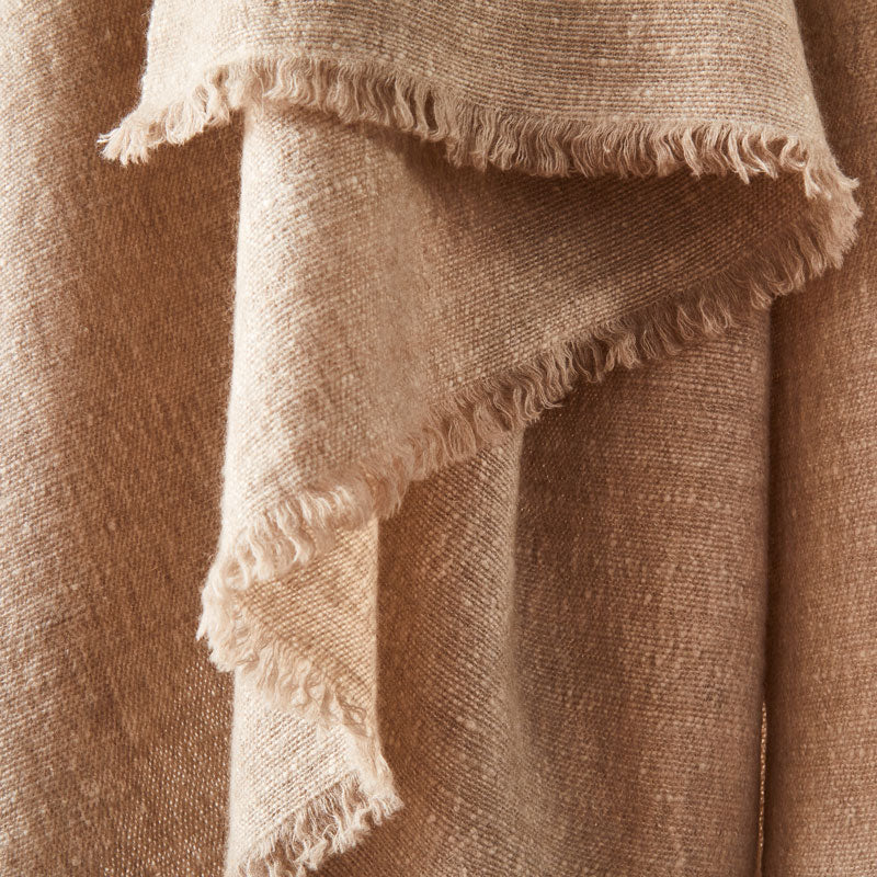 Soft Italian Cashmere Stole/Throw Blanket finished with Hand-Frayed Edging in the color of Pale Coffe