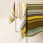 Load image into Gallery viewer, Striped Cotton Tablecloth in Green and Purple color scheme
