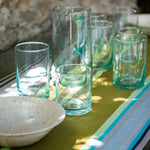 Carica l&#39;immagine nel visualizzatore di Gallery, Recycled Glass Pitcher in Sea-Green designed with an Exaggerated Handle

